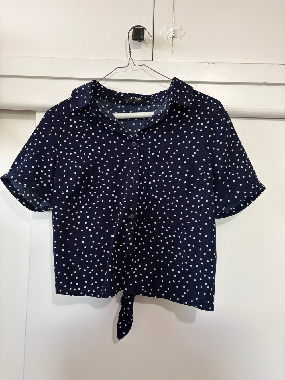 AZALEA Navy Blue Polka Dot Tie-Front Blouse